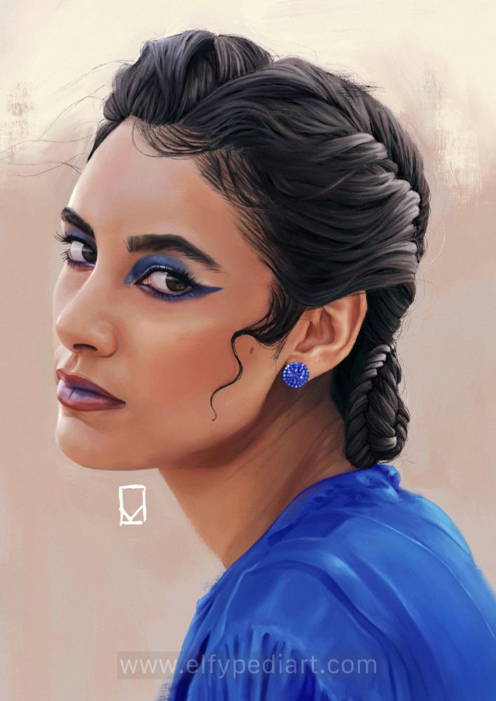Digital painting of a woman on a pale gold background. She wears a blue shirt and has blue eyeshadow and a blue earring. She looks towards the camera and has dark brown black hair