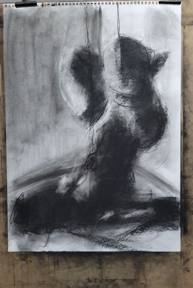 Charcoal figure drawing of a person doing partial rope suspension on the floor