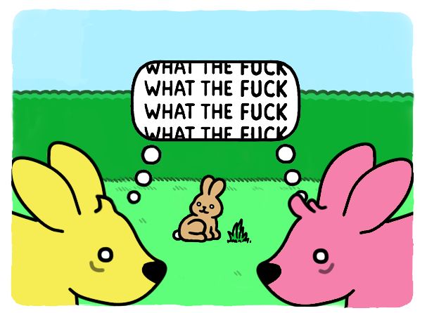 Edited panel where the two people get their wish and become bunnies. They're a little distressed about it, if only because it was easier to reuse the dialog from the main comic than it would have been to find a similar font to write new dialog. A "hell yeah" from the two new bunnies while the original bunny fights off the bonus panel fox would have been a better punchline, but I'm only putting so much effort into this, haha