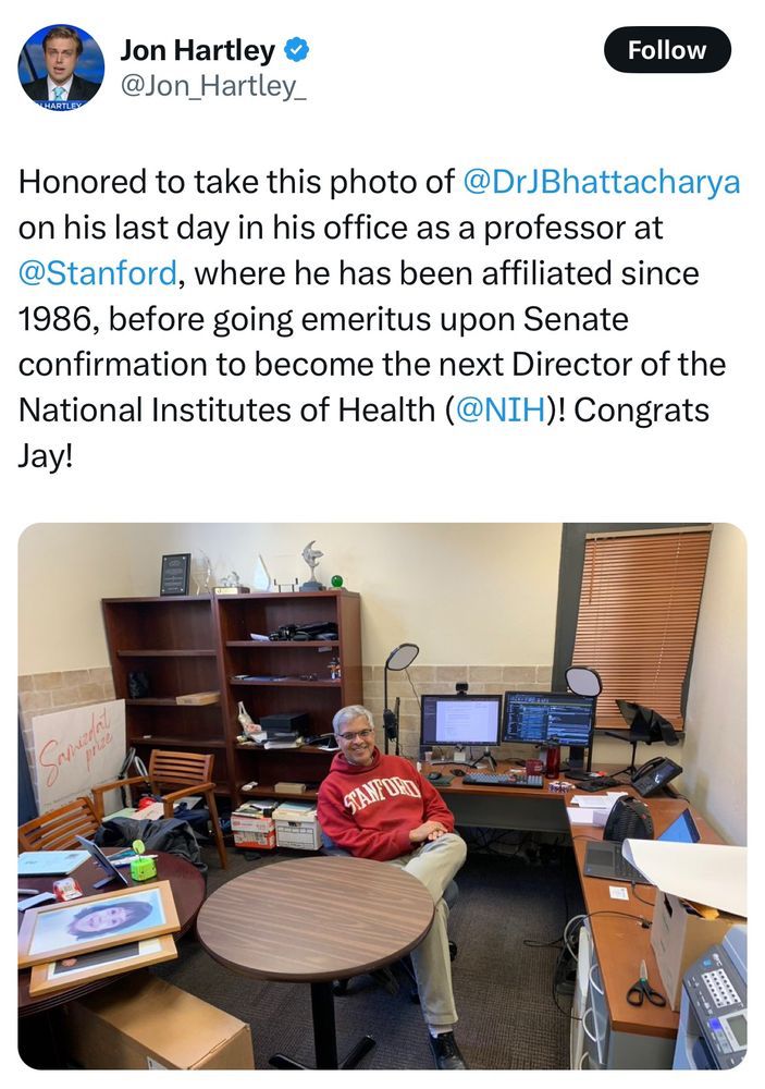 Tweet from rightwing economist celebrating Bhattacharya taking over NIH for the Trump regimr