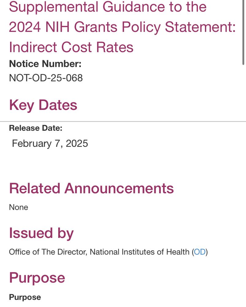 Supplemental Guidance to the 2024 NIH Grants Policy Statement: Indirect Cost Rates
Notice Number:
NOT-OD-25-068
Key Dates
Release Date:
February 7, 2025

Related Announcements
None

Issued by
Office of The Director, National Institutes of Health (OD)

Purpose