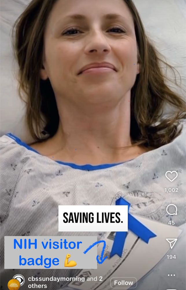 A woman in a hospital gown with a resolute smile. Wearing an NIH visitor badge because she’s being treated at the NIH hospital in Bethesda.
CBS This Morning. 