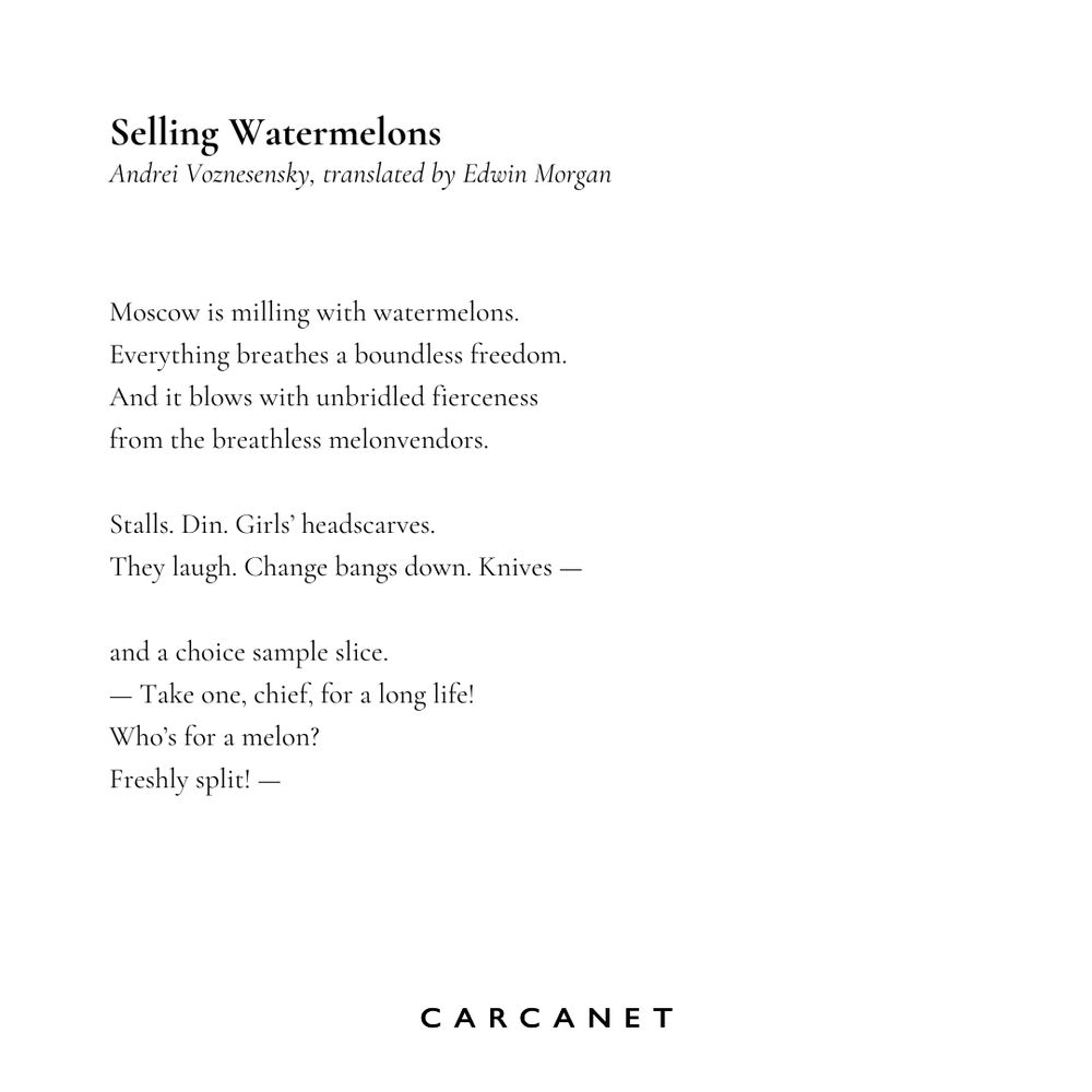 Selling Watermelons is the kind of poem that would please and amuse the home crowd. It’s a gutsy celebration of the suddenly overwhelming seasonal glut of a very desirable product. There’s no moaning about scarcity, although the string-bag mentioned in the last verse is a clue. It was stowed in every shopper’s pocket, just in case a previously unavailable item had suddenly appeared. Now, in the glory of the “melon-multitudes” the bag would be stretched as wide as possible to contain the delicious import – which had probably travelled from Kherson.

Edwin Morgan’s translation is alive to the breathless excitement, the counter-sensation of suddenly being able to breathe freely, and the deliciously demonstrative aspect of the whole event. Vendors with busy knives prepare sample slices: customers’ knuckles tap the surface of the uncut fruit to check for that inimitable “resonance” of ripeness. The exhilaration that fills the sharp September air has, of course, a political dimension but this is understated, subsumed in an expression of joy that unites the people and those in power over them.