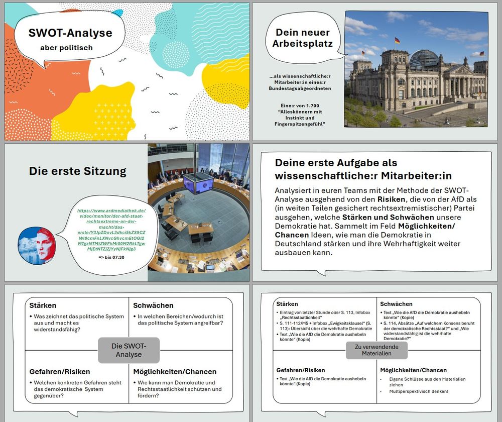 Screenshot von Power-Point-Folien, die die Aufgabenstellung zeigen: Schüler*innen sollen als wissenschaftliche Mitarbeiter*innen im Bundestag eine SWOT-Analyse zur wehrhaften Demokratie erstellen