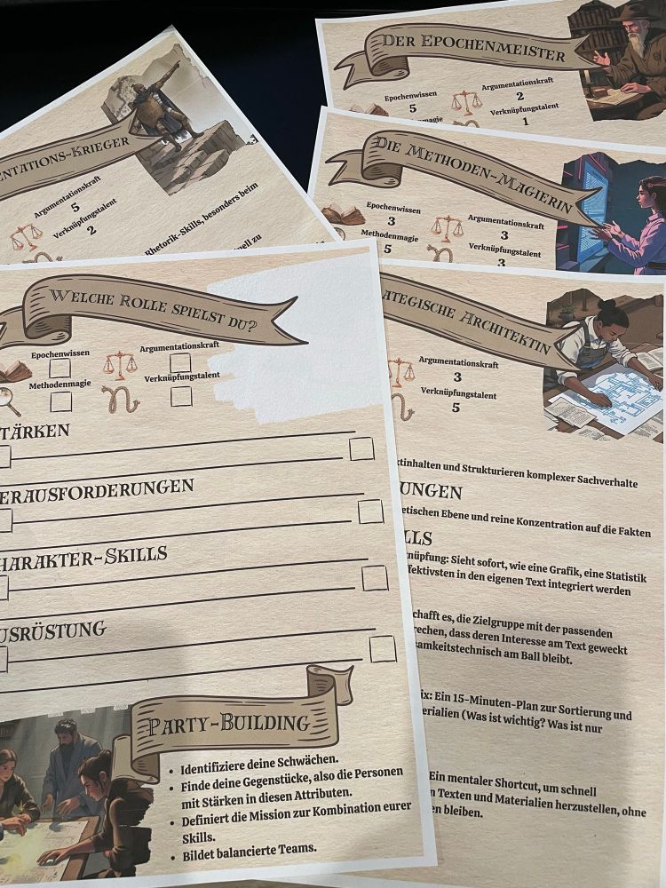 Vier beispielhafte Charakterbögen für Abiturstrategien im Fach Deutsch, z.B. die Methoden-Magierin und der Epochenmeister mit zugehörigen skills und Herausforderungen, Stärken und Ausrüstung. Dazu ein leerer Charakterbogen und eine Kurzanleitung zum Party-Building für Lerngruppen