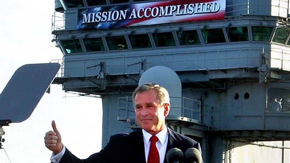 Bush's infamous Mission Accompished image. Used ironically because unlike Bush we did in fact accomplish our mission.