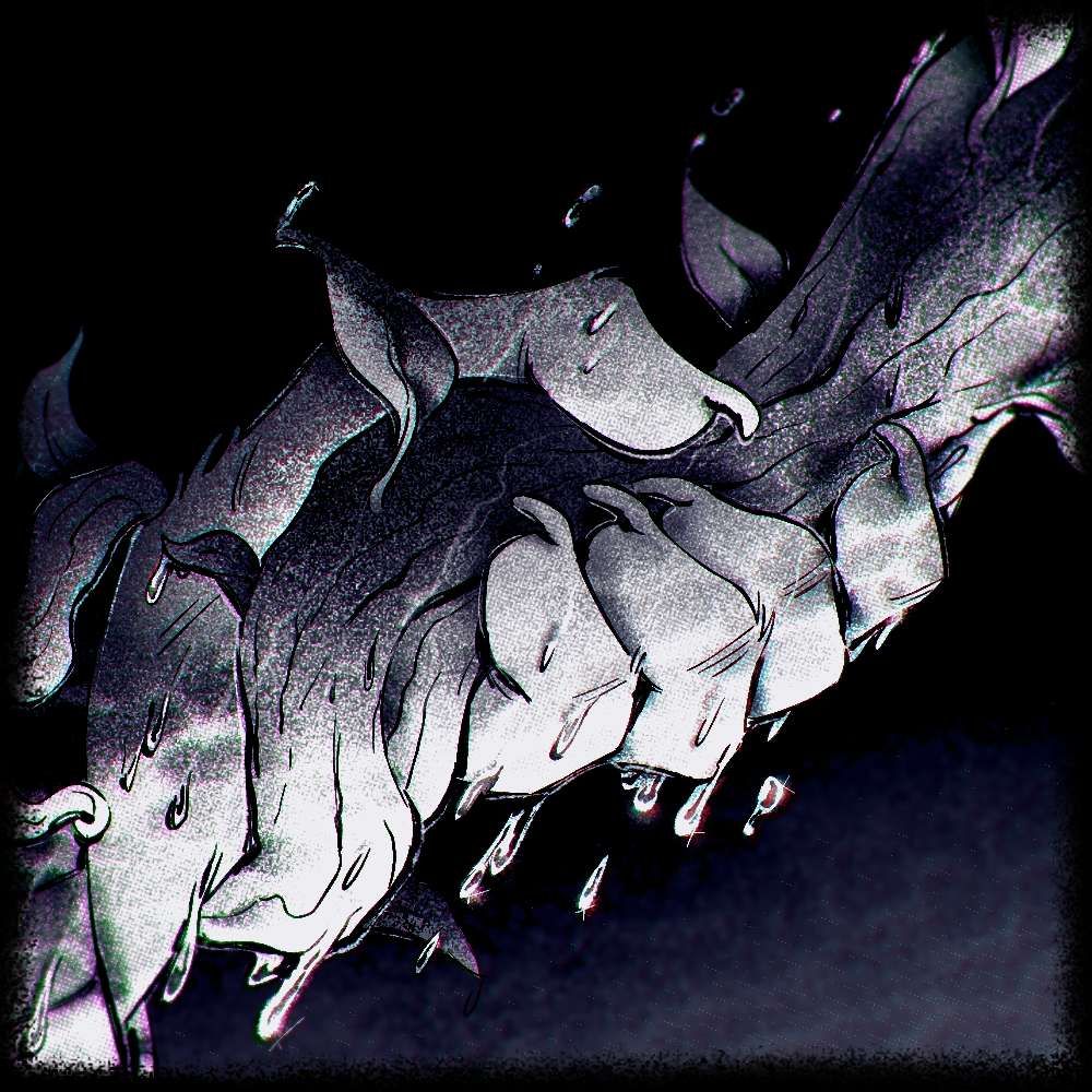 A black and white illustration of a clawed hand reaching up and across, grasping thick vines that wrap down to the wrist, a splash of water droplets around it.