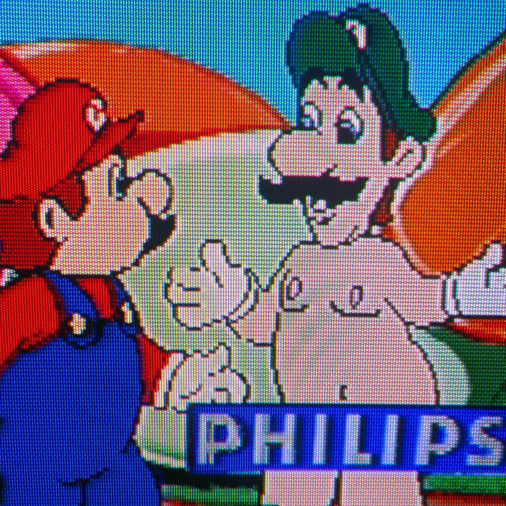 A nostalgic look at the 1994 CD-i mega hit, Hotel Mario on my nostalgic CRT television.

(Mario and Luigi, but Luigi is butt naked with his nether regions censored by the Philips logo)