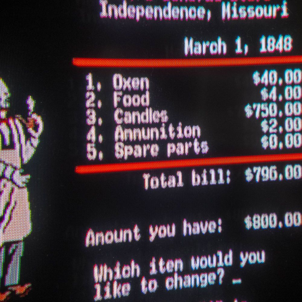 A nostalgic look at the 1985 Apple II mega hit, The Oregon Trail on my nostalgic CRT television.

(Buying supplies in The Oregon Trail - Little money is spent on oxen, food, ammunition and spare parts, but $750 of the player's $800 is spent on candles)