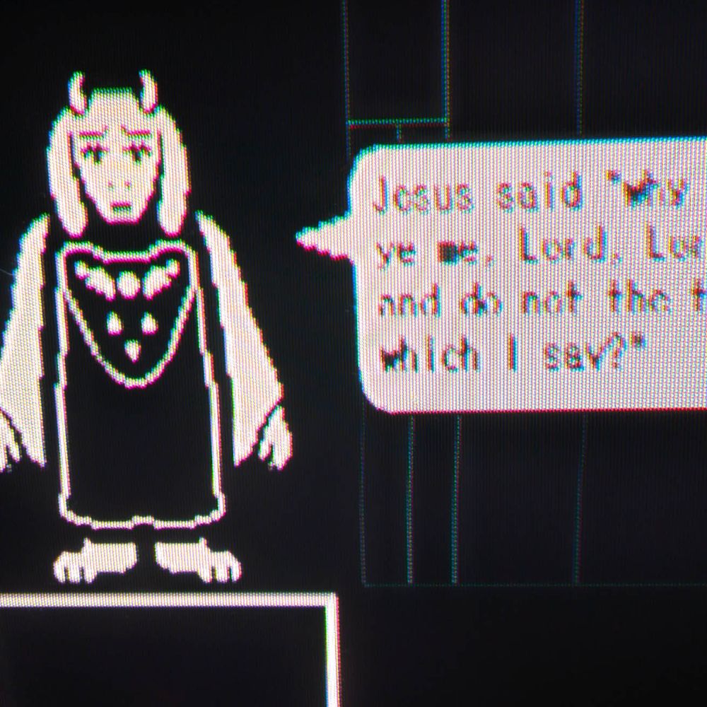 A nostalgic look at the 2015 PC mega hit, Undertale on my nostalgic CRT television.

(Toriel quoting Jesus from the repenttojesus mod for Undertale)