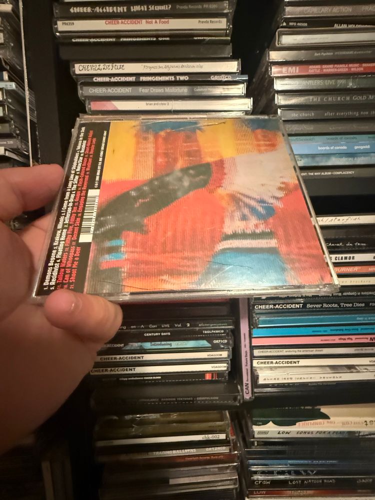 Bastro - Diablo Guapo / Sing the Teoubled Beast compilation CD (back cover pictured) with CD shelving unit and CDs in background.