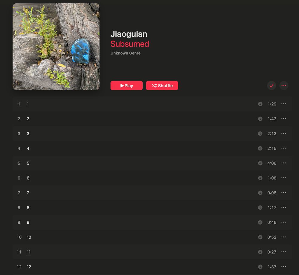 Apple Music window showing the cover and part of the tracklist of my next album, Jiaogulan.