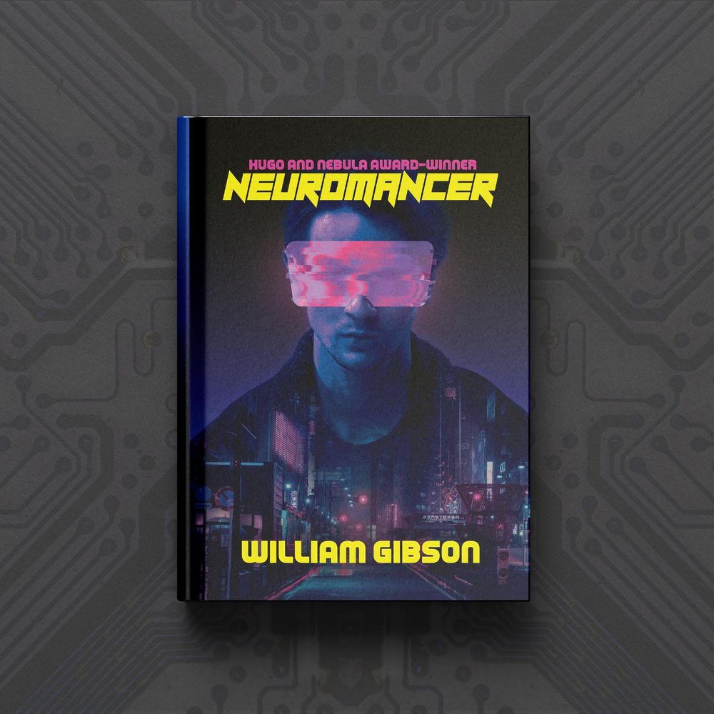 Redesigned cover variant for William Gibson's Neuromancer, featuring a deep blue and purple cover with pops of bright yellow and hot pink. A man with the shape of a glitched visor over his eyes stares toward the reader. A sci-fi cityscape is seen in double-exposure over his body.