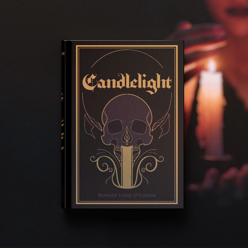 Mockup of a variant book cover for a personal project. A deep purple and gold illustration featuring a hand-drawn human skull and a candle.