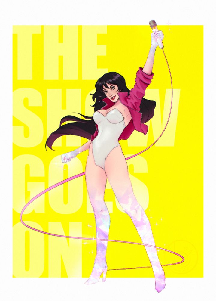 Illustration of Feren Shion-Wainridge, OP's Lancer RPG character. She is a fair-skinned woman with long, black hair standing with a microphone raised into the air. She wears a pink jacket with the sleeves rolled up to the elbows over what looks like a shimmering white strapless one-piece bathing suit. A holographic overlay spreads from her hands and feet toward the rest of her body. Text over a yellow background behind her reads "the show goes on"