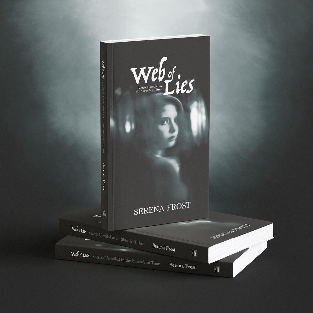 Mockup for a mystery novel from a brief, featuring a misty green and black palette. A young woman gazes over her shoulder toward the reader , her features blurred and obscured.