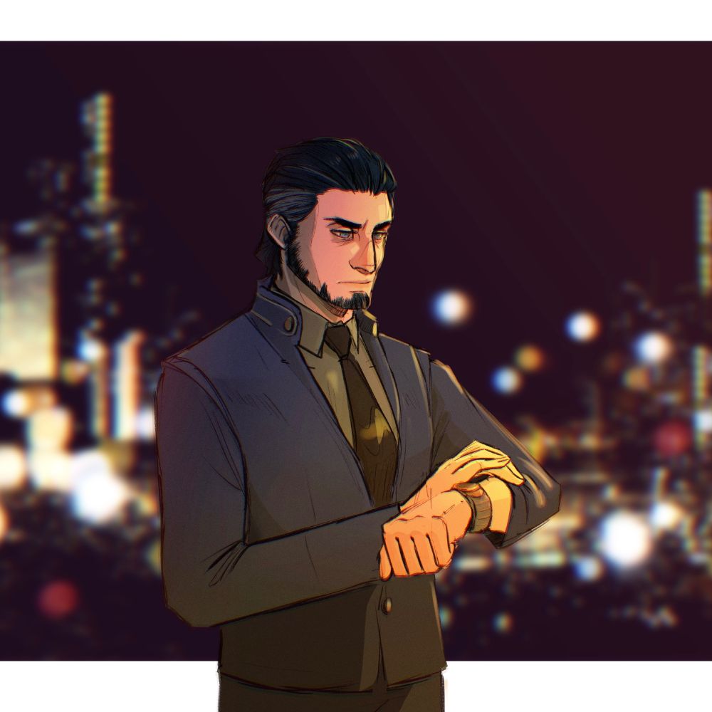 Sketch of a man in a suit with dark, slicked-back hair and a beard. He stands against the backdrop of a cityscape at night and is checking his watch.