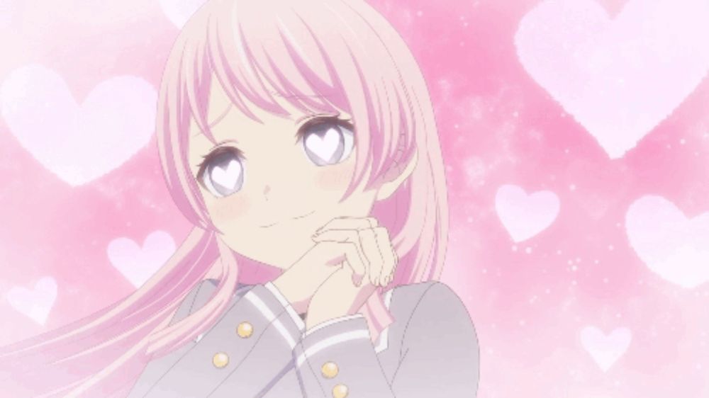 a girl with pink hair and hearts around her head