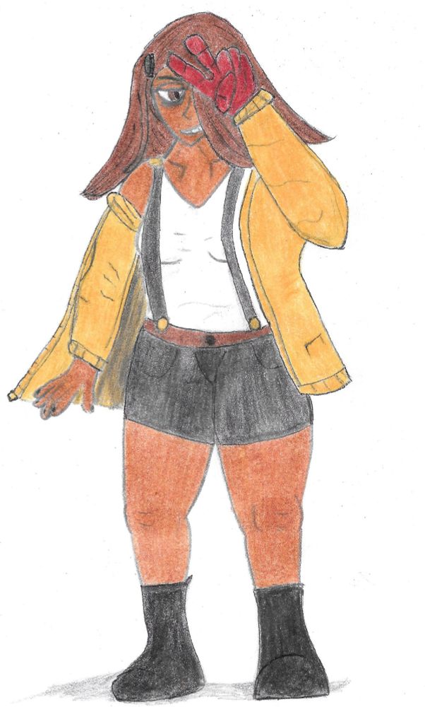 Teresa Esquivel, in her safe house outfit; a yellow jacket, white t-shirt, black shorts, leather belt with black suspenders and yellow buttons and black boots. She has brown skin, shoulder lenght dark brown hair, covering the left side of her face, baggy eyes with chocolate irises.  Her left hand is covered with a reddish black stone glove, making a peace sign.
