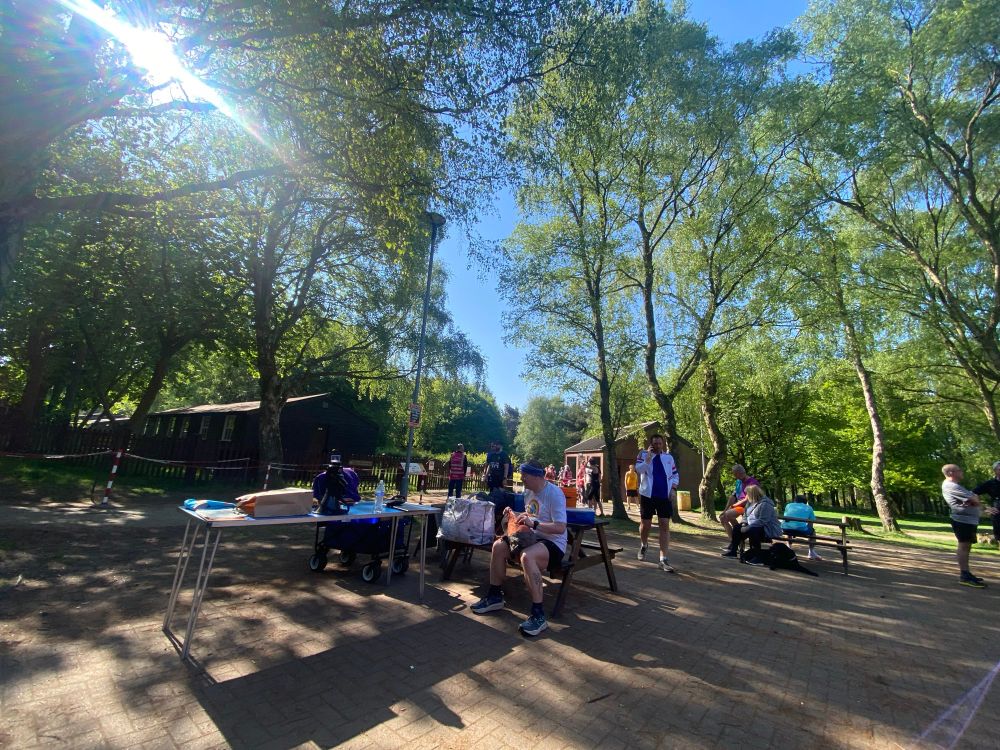 Runners in a wooded area. 