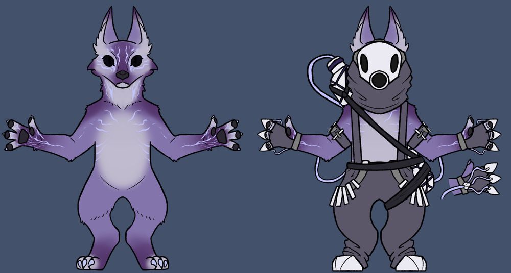 A purple and white fox-like creature with black eyes, and pale blue veins on its face, chest, and hands. A version shows a rugged outfit with a white gas mask, baggy grey pants with tool belts, and gloves with tubing that connects to a white canister on its back.