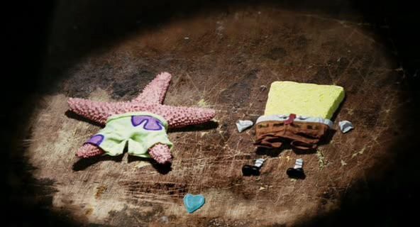 spongebob and patrick dried up under a lamp in shell city. a heart made of tears between them.