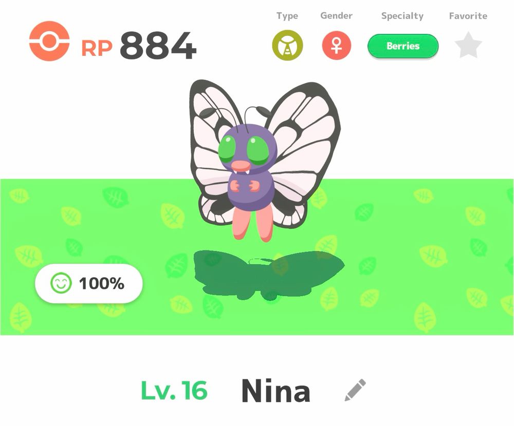 A pokemoned called Butterfree! Has black and white butterfly wings, a purple insect body, big green eyes and has adorable pink mouth, paws and feet! Little black antennae’s at the head. Her name is Nina! 