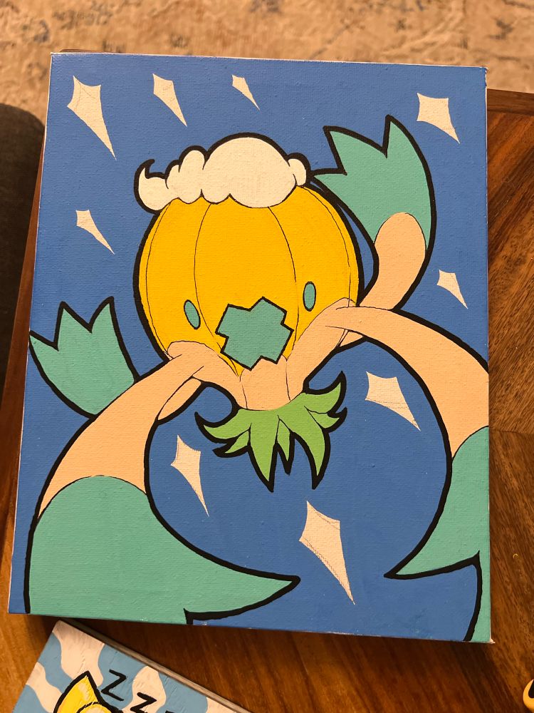 Unfinished painting of a shiny driftbloom. Blue background. Driftblim is using an attack at an unknown Pokemon. The Driftblim is also yellow, turquoise but has green and beige coloring.