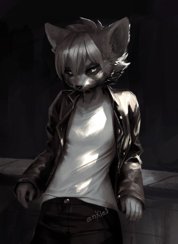 Raccoon anthro June drawing. She's wearing a white shirt and leather jacket. She's slouching against a short wall with her head lowered.
This was a study sketch focusing on material texture.