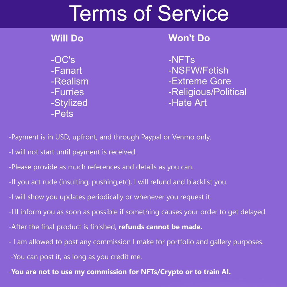 Page 4: Terms of Service. What I will and wont draw and some things to know before commissioning me.