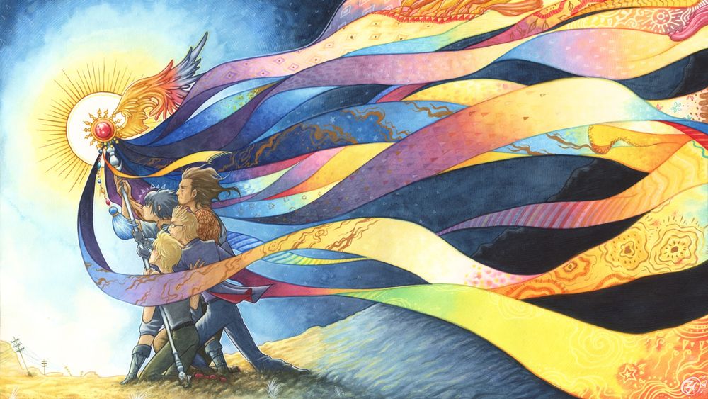 Noctis, Prompto, Ignis, and Gladio from FFXV helping each other raise a tall scepter. Myriad colourful ribbon-like banners trail from it, flowing behind the lads like the tendrils of a large jellyfish. At the top of the scepter is a jewel encircled by a halo of gold, sunlike and shining.