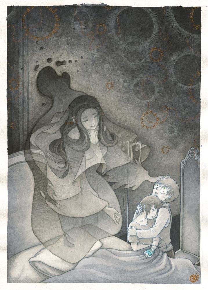 A mostly-monochrome painting depicting a very young Noctis Lucis Caelum from Final Fantasy XV, bedridden and being tightly and protectively held by a young and frightened Ignis Scientia. Noct is unconscious, hooked up to a bedside IV, and holding a painted Carbuncle figurine in one hand. Ignis is staring up and over Noct's head at the ethereal apparition of Queen Aulea, Noct's deceased mother, who gently ruffles Ignis's hair and looks down upon her son with a sad, kindly gaze.