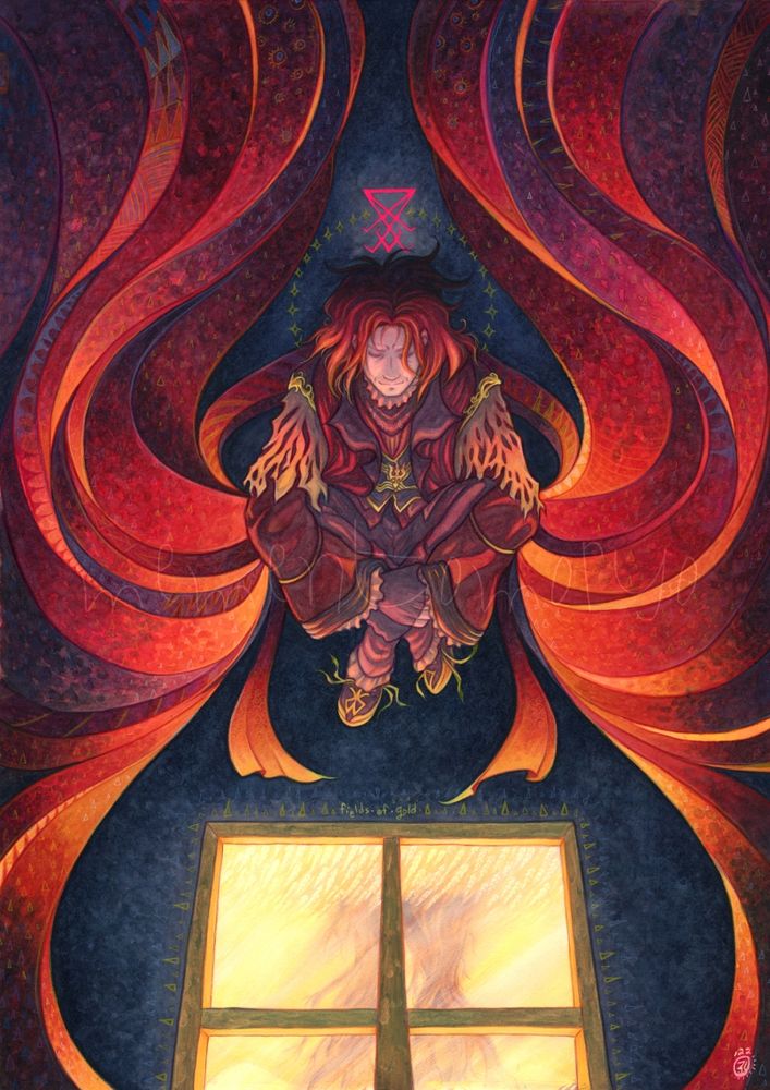 Ardyn Izunia from Final Fantasy XV, seated in a indigo-blue-black space, with a glowing window laid on the "floor" before him. Through the window, a bright, golden landscape featuring a large tree is visible. Floating in the air above Ardyn's head is a sigil - the Goetic symbol for Satan, to be precise.