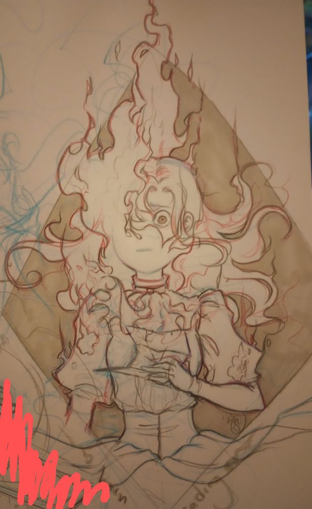 A sketch of Alicia Dessendre, her face mostly engulfed by flames emanating from an opened letter she holds in her hand.