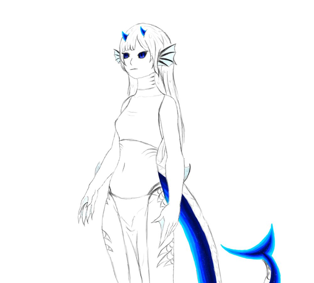 FISH as a gril, tail made out of water, gills on neck and chest, scales mostly on tail but litle on legs, litle water horns