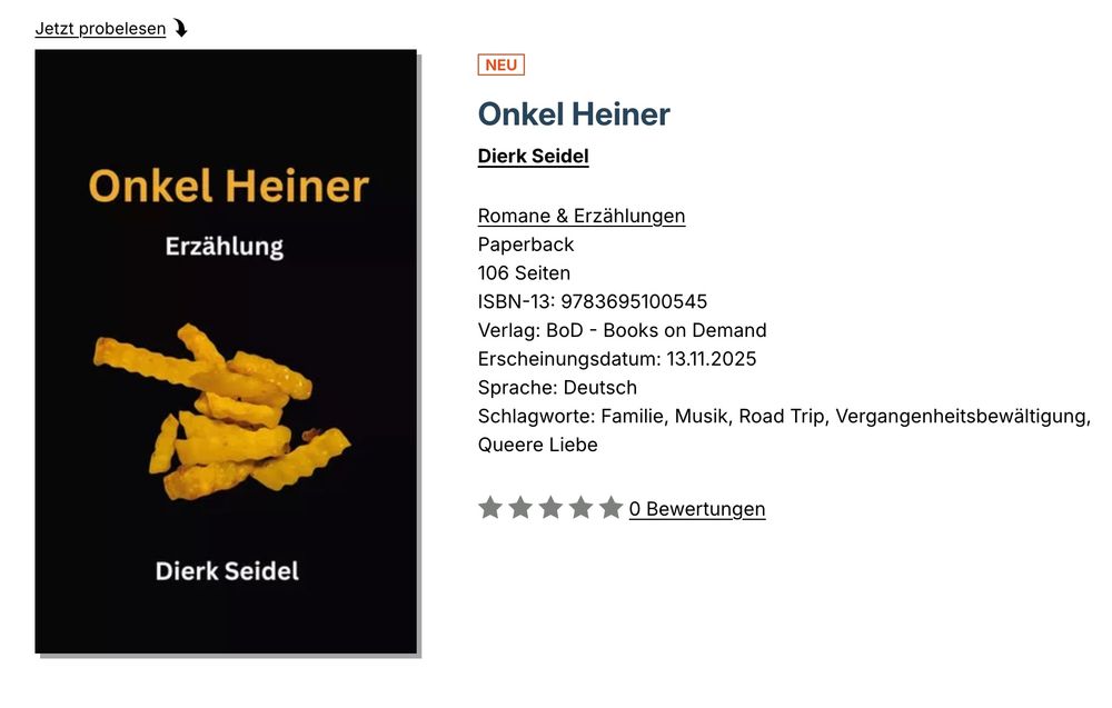 Buchtitel: Onkel Heiner von Dierk Seidel.
Pommes auf dem Titel