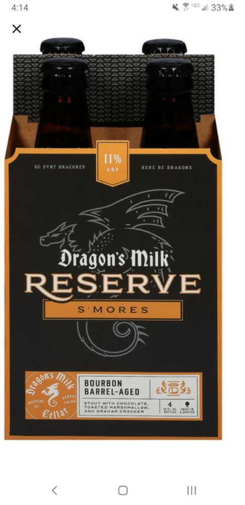 Picture of a burnt-orange and black 4pk of New Holland brewery's Dragons Milk Reserve stout in S'mores. 