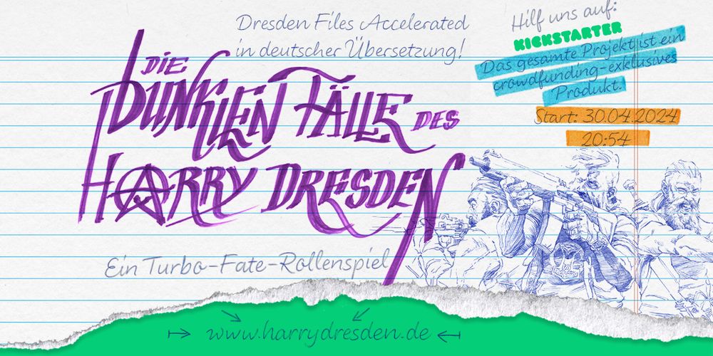 Werbebanner für das Dresden Files Crowdfunding am 30.04.2024 um 20:54 auf https://www.kickstarter.com/projects/rollsomedice/die-dunklen-falle-des-harry-dresden-turbo-fate-rollenspiel