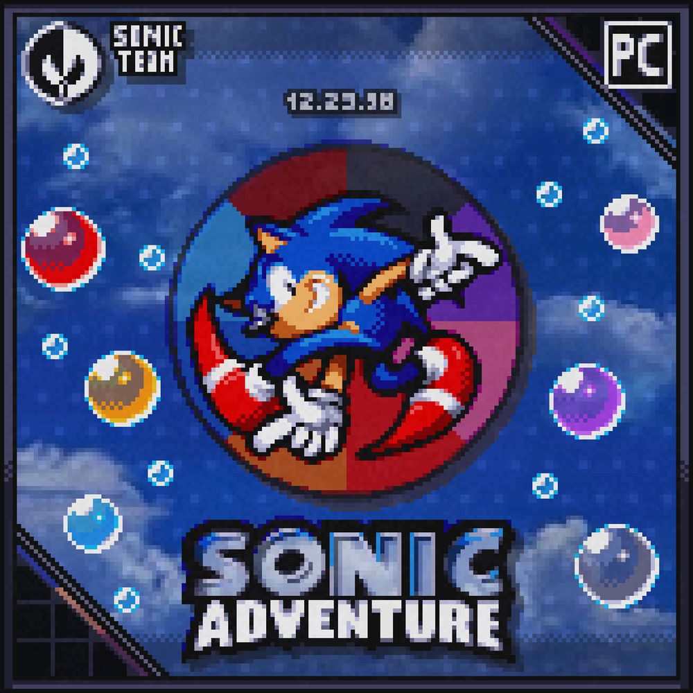 A homage to Sonic Adventure's boxart, with Sonic doing his iconic pose in the middle of a wheel representing the main actors in the game's story, and bubbles for each playable character. The release date sits above him with the title below.