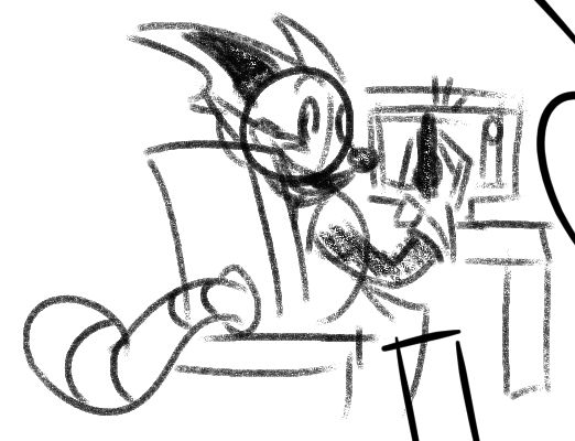Palette happily smiling towards the screen as he holds his digital drawing pen, and there is also a desk with a computer monitor displaying an art program behind him.