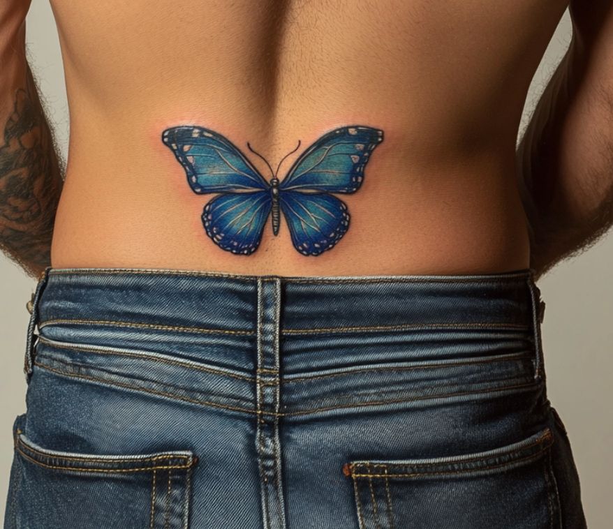 blue butterfly tramp stamp tattoo