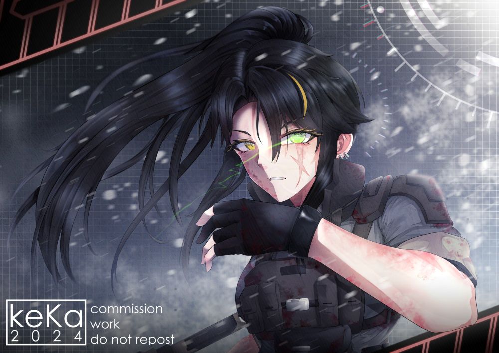 An illustration of Gantai Doumeki in a snowstorm, weathering the storm with battle scars and blood.
