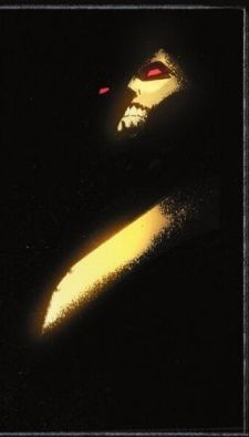 Viñeta de Batman Absolute. Se ve la figura de Bane entre sombras, solo iluminada por dos franjas amarillas en el inmenso torso y parte del craneo. Sus ojos brillan en rojo.