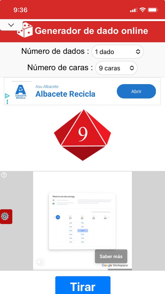 Pantallazo de un tirador de dados online configurado para que tenga 9 caras. Ha salido el 9