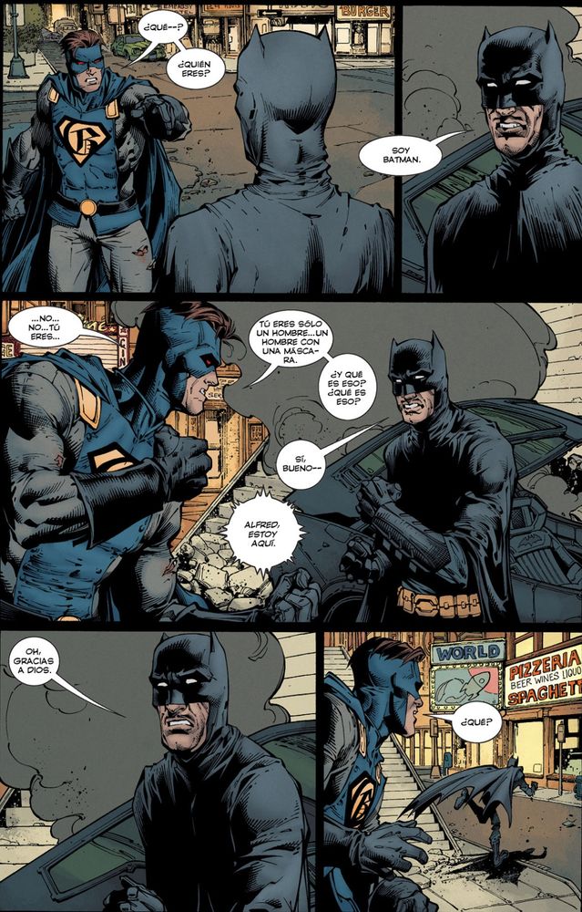 Página de Batman Rebirth. Se ve a Gotham (Un superheroe con los poderes de Superman) encarar a Alfred disfrazado de Batman. Alfred dice: Soy Batman. 
La situación es tan absurda que Gotham se queda un segundo sin saber que ocurre. Batman avisa a Alfred que ya esta ahí y Alfred sale corriendo.