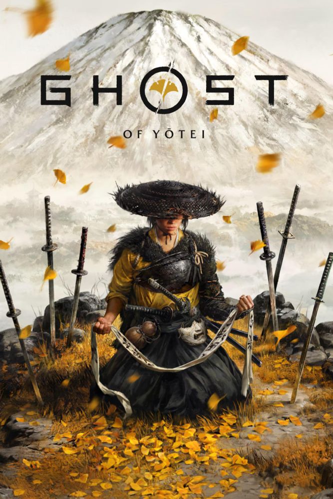 Portada de Ghost of Yotei. Se ve a la protagonista de rodillas, con un traje de samurai, con dos espadas en el cinto y una máscara y ocultando su rostro con un sombrero. A su alrededor hay espadas clavas en el suelo. Detrás se ve una montaña nevada