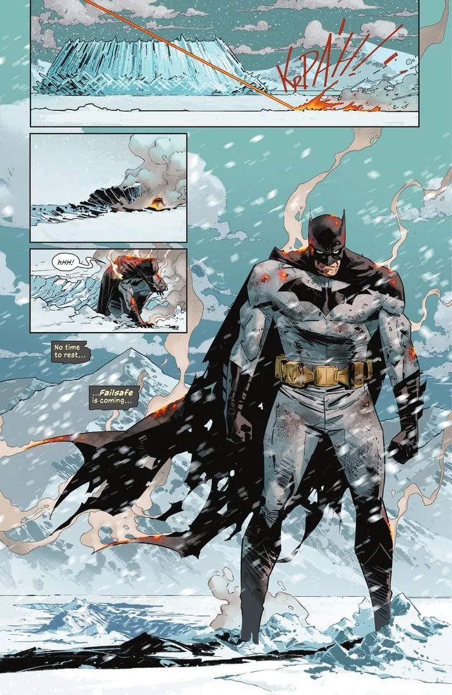 Página de Comic en la que se ve a Batman estrellarse en la Antartida al lado de la Fortaleza de la soledad tras haber caído desde el espacio y levantandose humeando del crater diciendo que no tiene tiempo para descansar porque Failsafe esta llegando 
