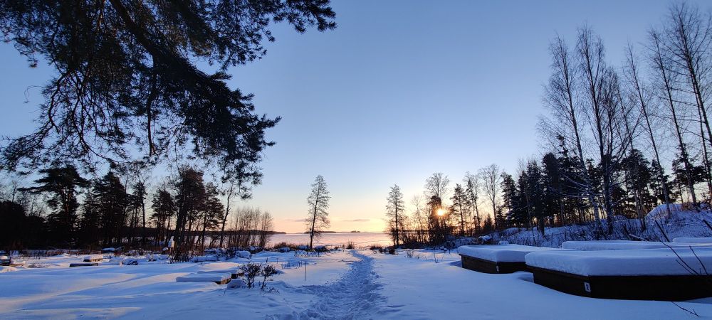 Winter sunset by the lake in Finland