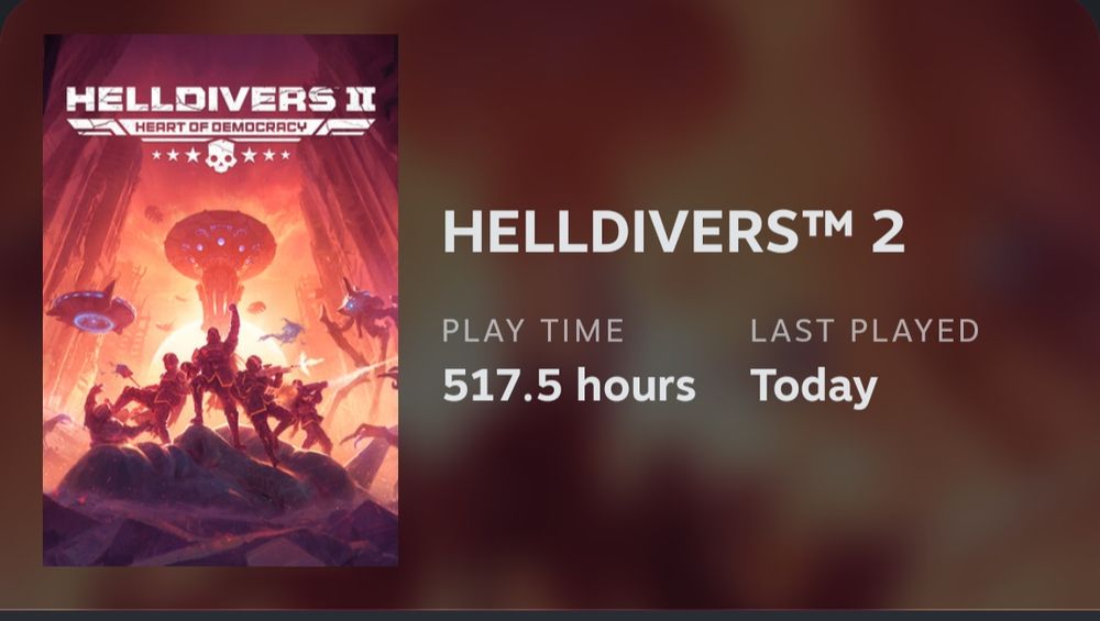 A screenshot of a game overview screen showing Helldivers 2. Play time is at 517.5 hours. 