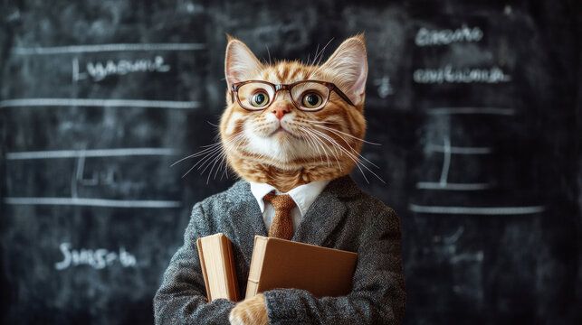 Cat with books and tie